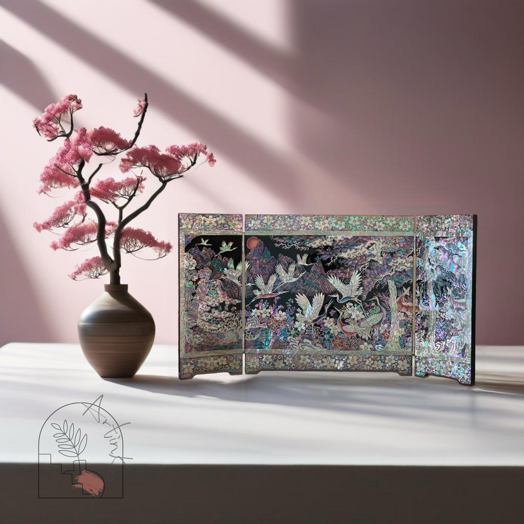 Mother of Pearl 3-Panel Tabletop Folding Screen with Longevity Symbols