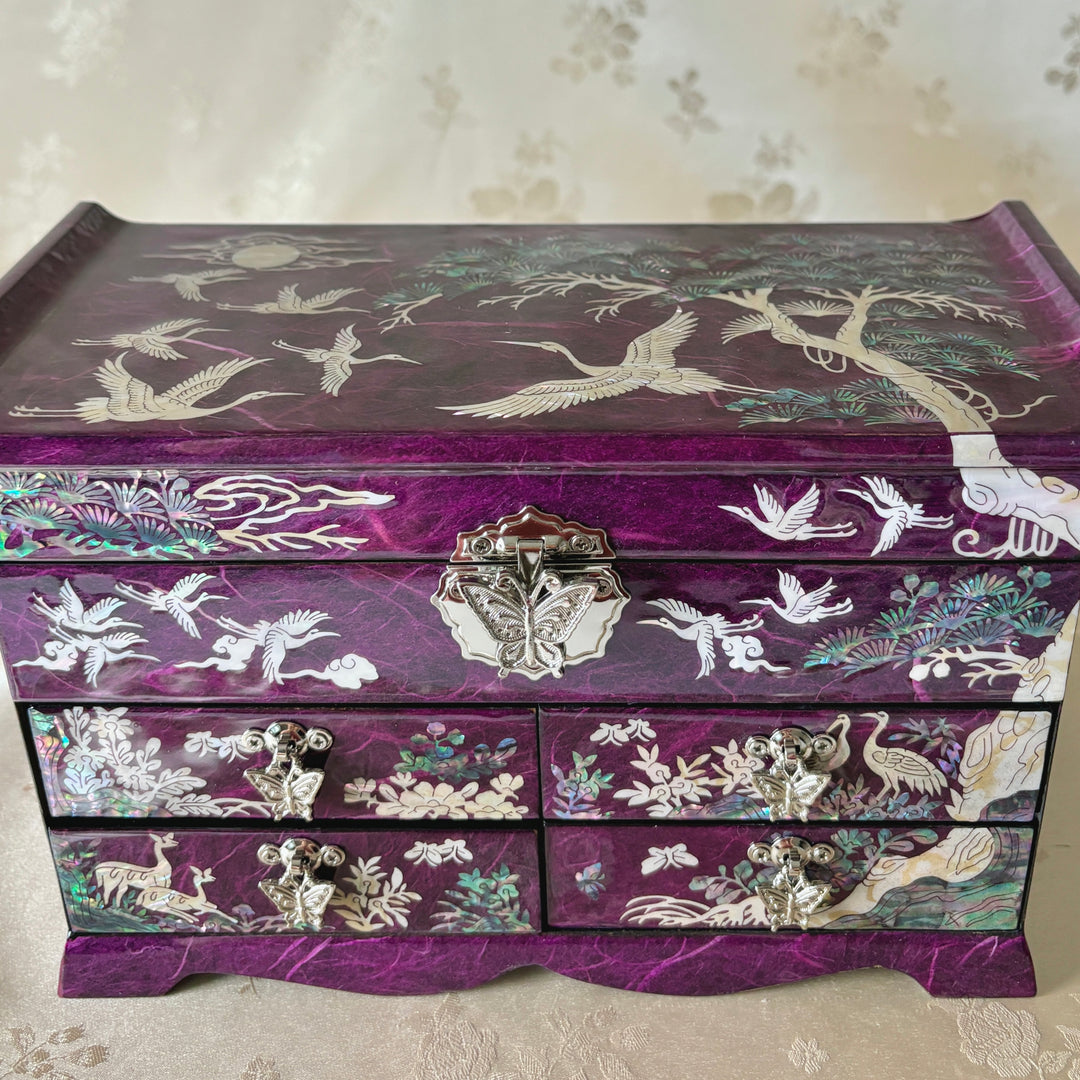 Mother of Pearl Purple Hanji Layered Jewelry Box with Crane and Pine Tree Pattern