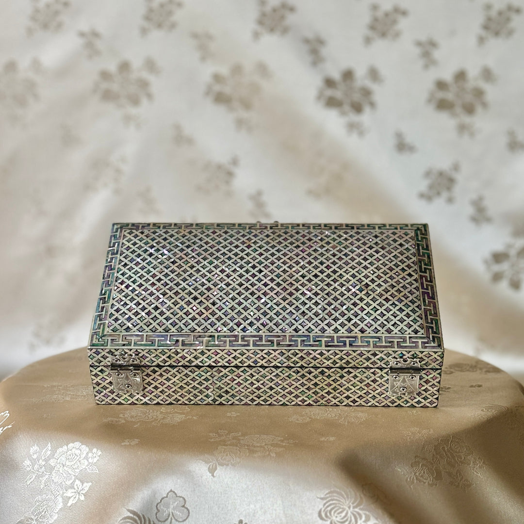 Mother of Pearl Handmade Wooden Letter or Jewelry Box with Chilbo Jeonbo Pattern