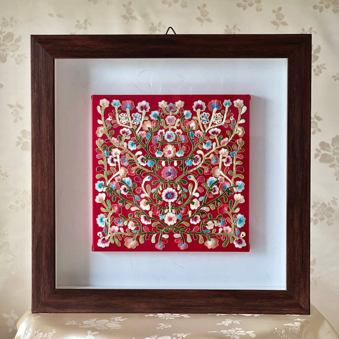 Embroidery with Vine Pattern on Red Silk in Wooden Frame