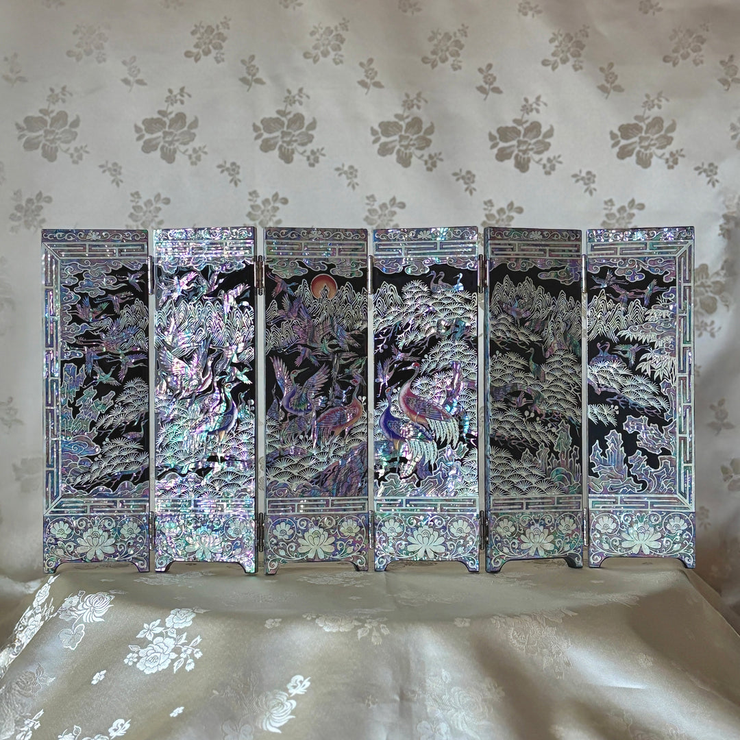 Mother of Pearl Six-Panel Folding Screen with Longevity Symbols