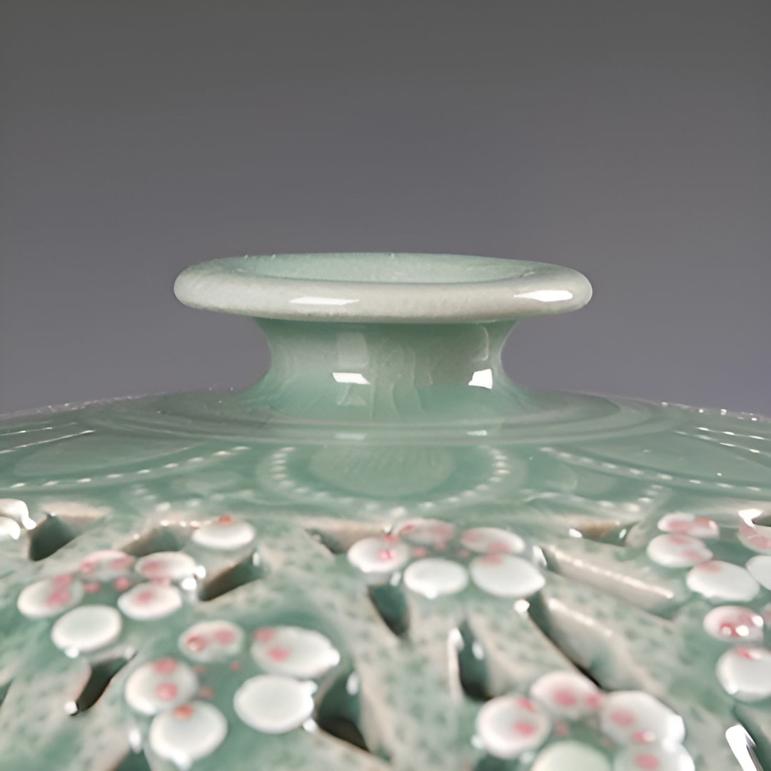 Celadon Double-Wall Openwork Vase with Plum Blossom Pattern