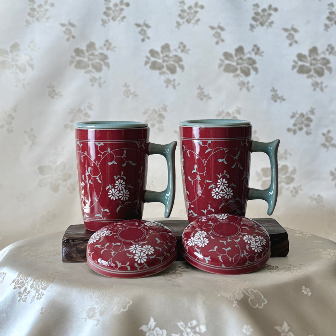 Red Celadon Mug Set: Two Long Tea Cups with Inlaid Chrysanthemum and Vine Motif