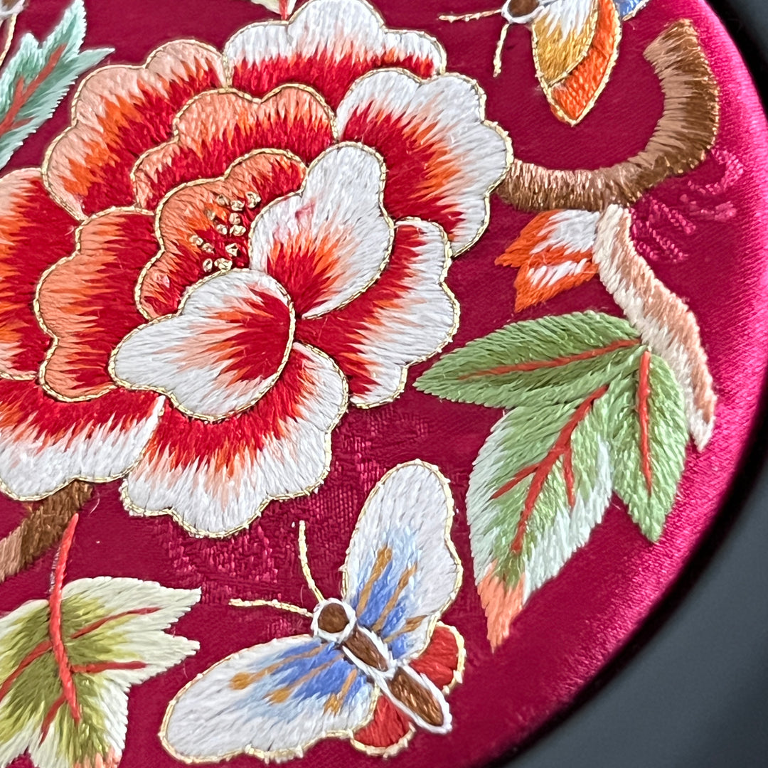 Red Silk Embroidered Peony and Butterfly Hexagonal Storage Box