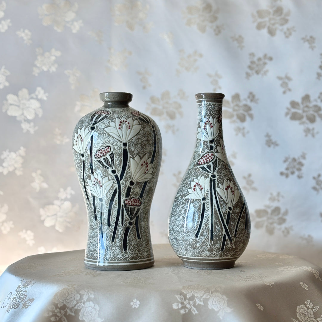 Buncheong Ware Vase Set: Lotus Flower Inlay and Chrysanthemum Stamped Designs