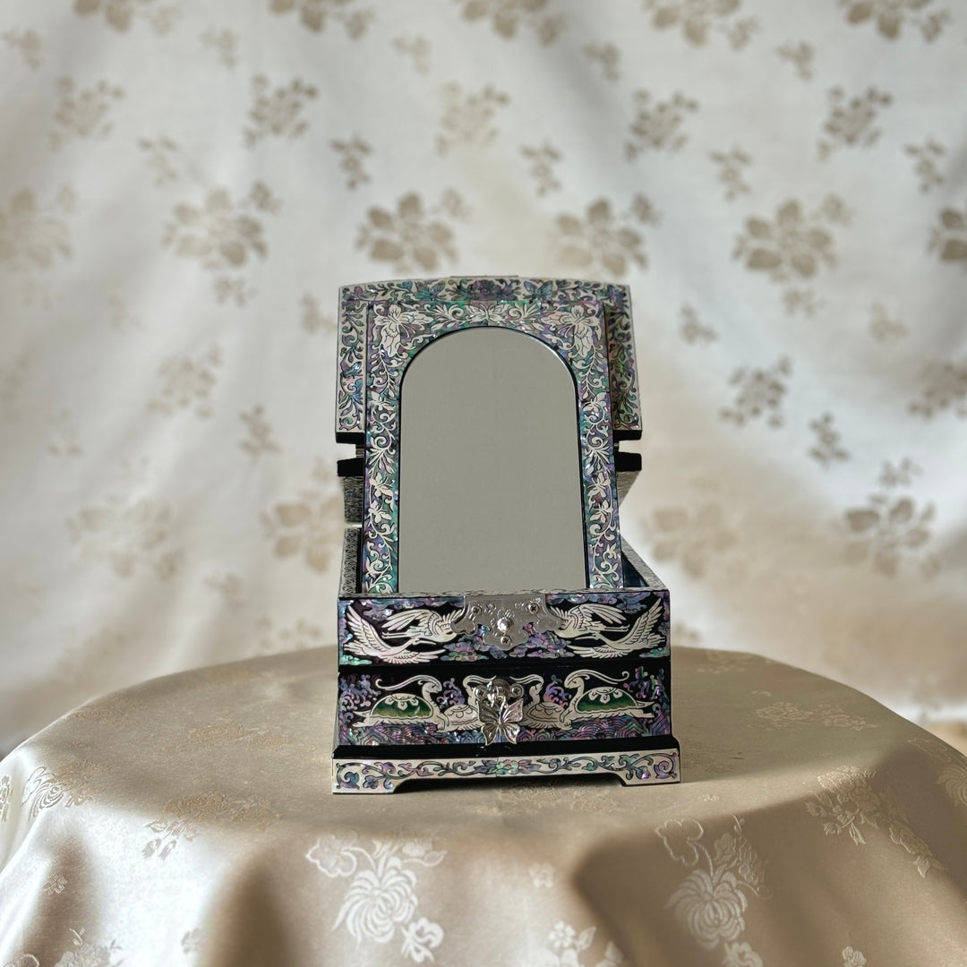 Mother of Pearl Middle Size Jewelry Box with Mirror Stand and Pattern of Longevity of Symbols