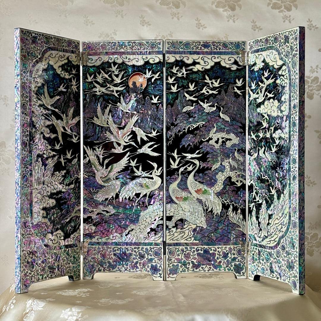 Mother of Pearl Wooden Folding Screen with One Hundred Cranes Pattern