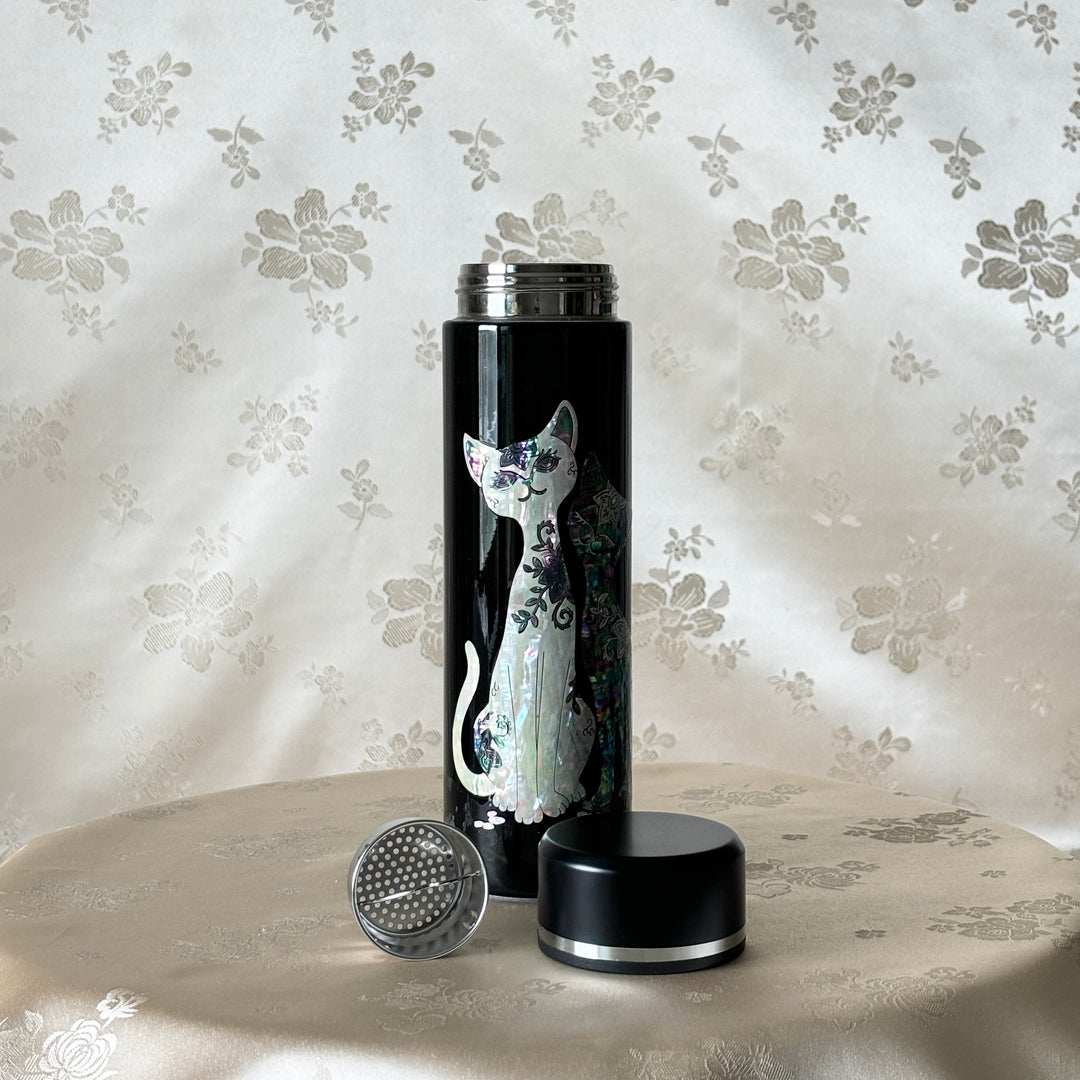 Mother of Pearl Black Stainless Thermal Bottle with Cats Pattern