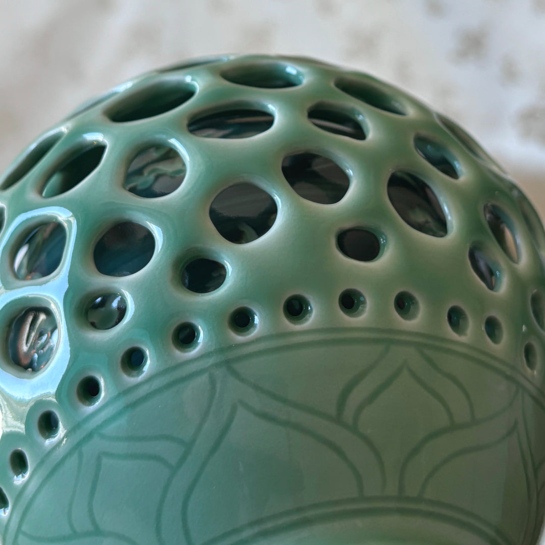 Celadon Double-Wall Openwork Vase with Intricate Carved Lotus, Crane and Cloud Design