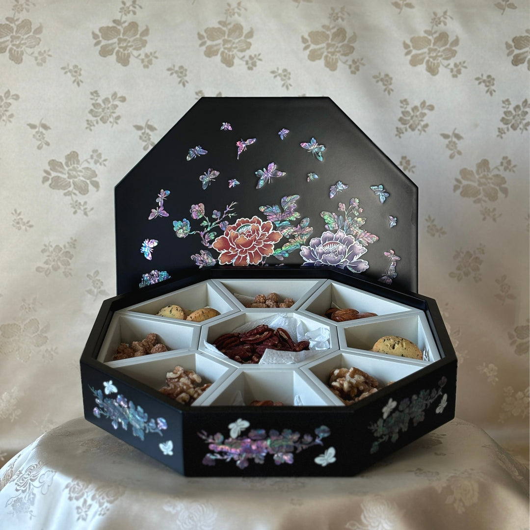 Mother of Pearl Handmade Octagonal Box with Peony and Butterfly Motif