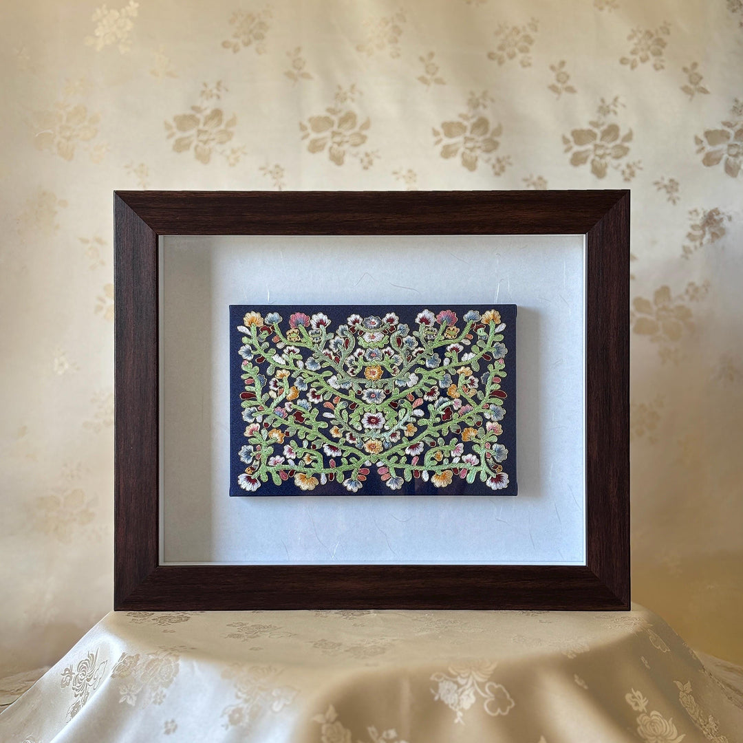 Embroidery with Vine Pattern on Navy Silk in Wooden Rectangle Frame