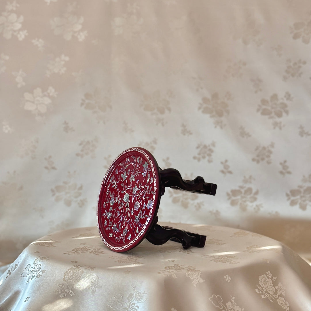 Mother of Pearl Table in Wine Color Featuring Peony and Butterfly Motif