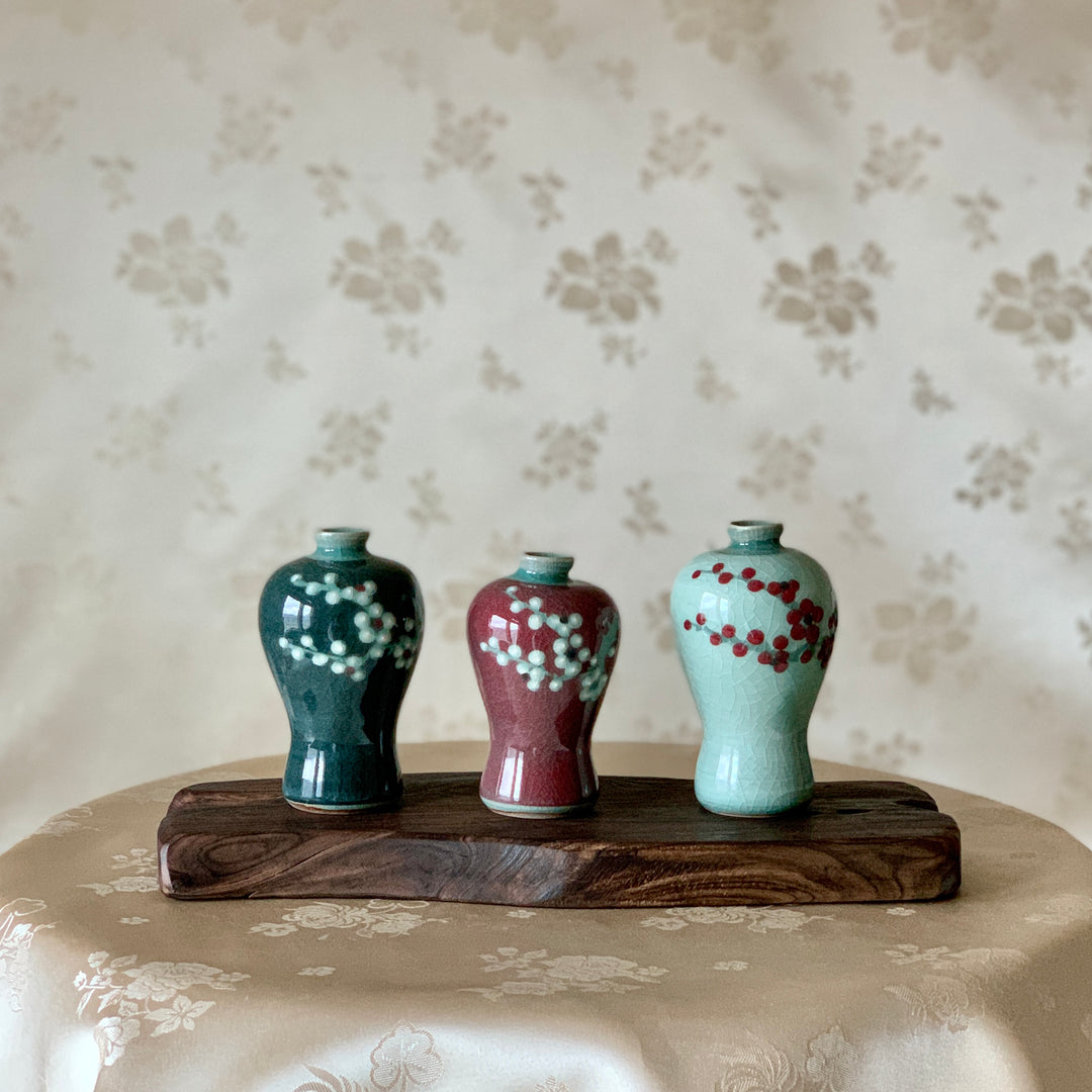 Celadon Set of Three Miniature Vases with Plum Blossom Pattern