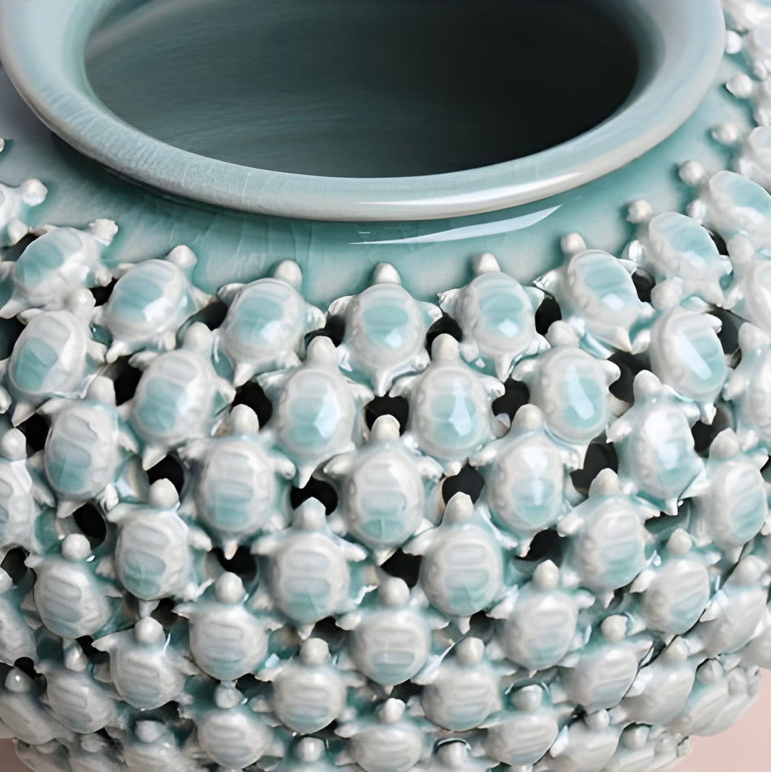 Celadon Double-Wall Openwork Vase with Pattern of Turtles