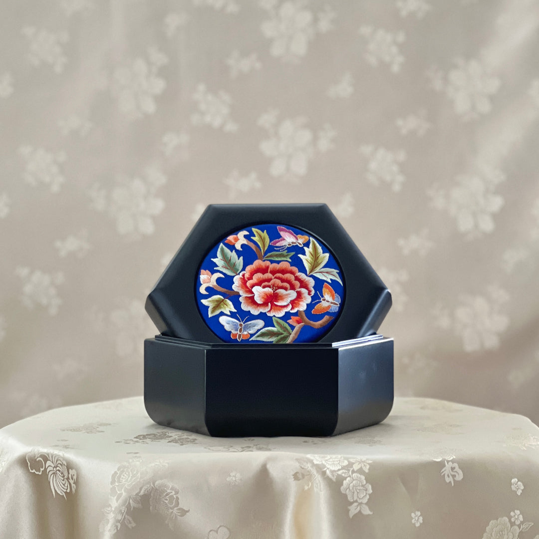 Navy Silk Embroidered Peony and Butterfly Hexagonal Storage Box