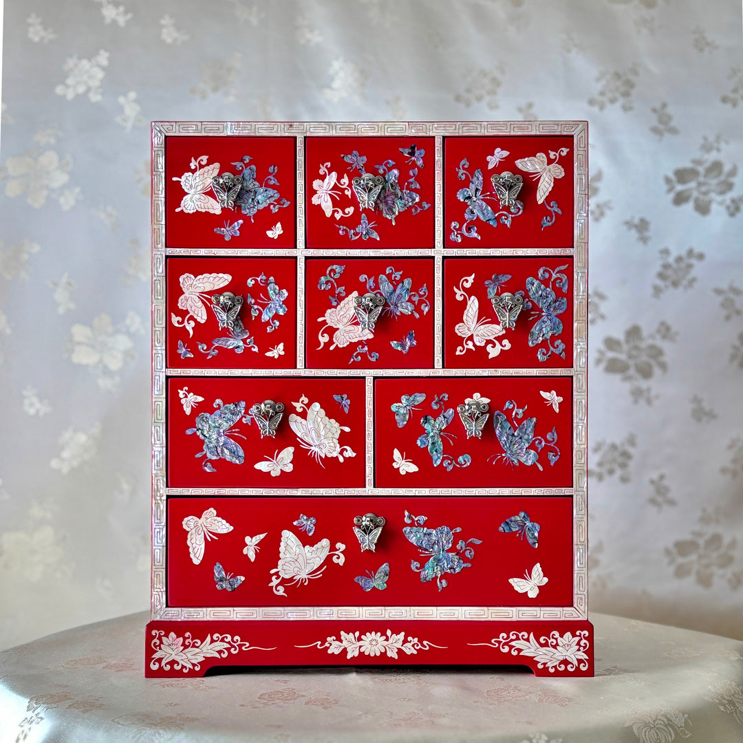 Mother of Pearl Red Cabinet with Nine Drawers and Pattern of Butterflies