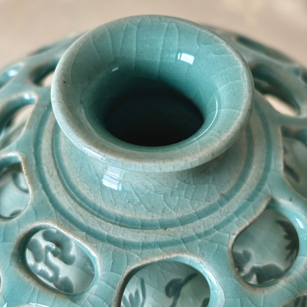 Celadon Double-Wall Openwork Vase with Intricate Carved Crane and Cloud Design