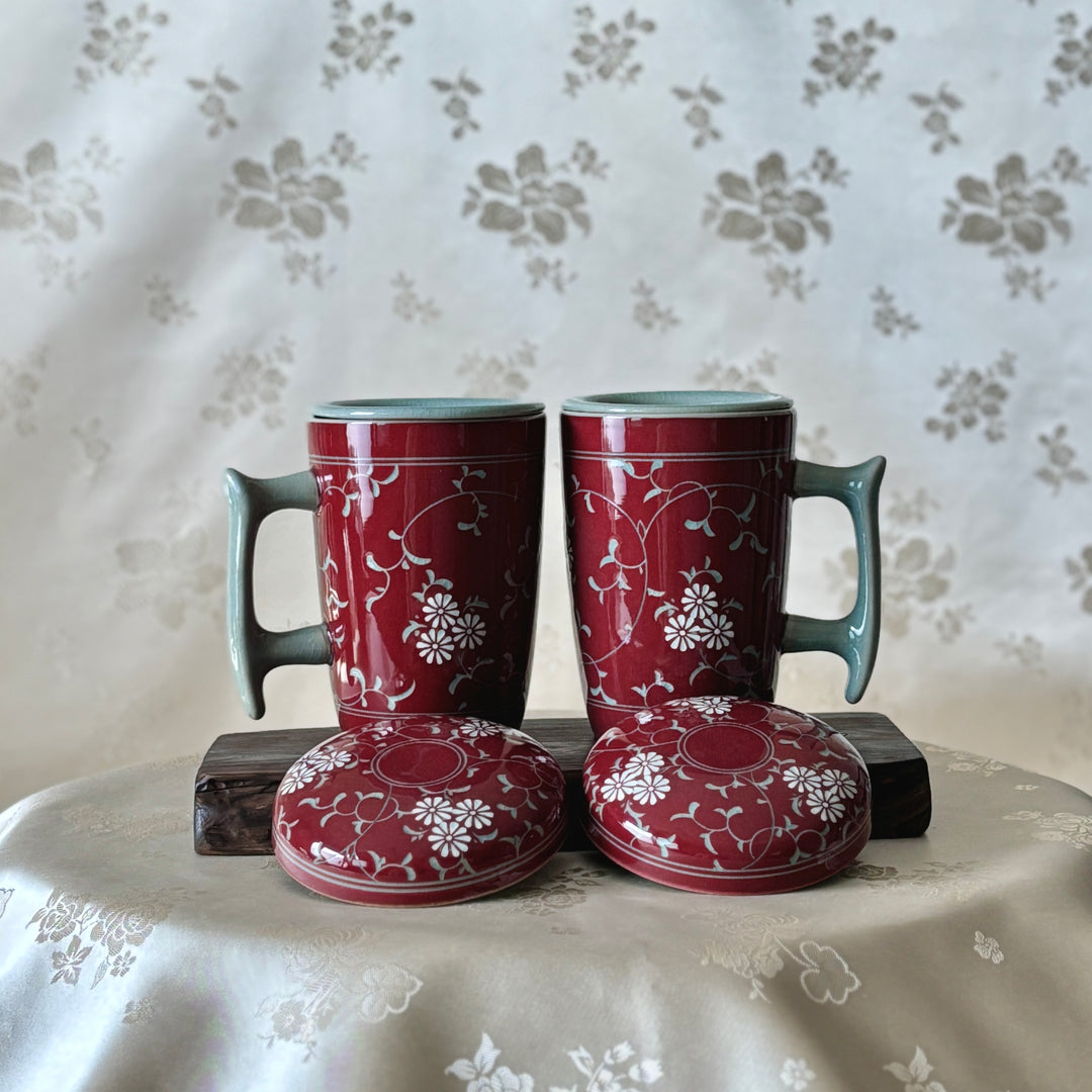 Red Celadon Mug Set: Two Long Tea Cups with Inlaid Chrysanthemum and Vine Motif