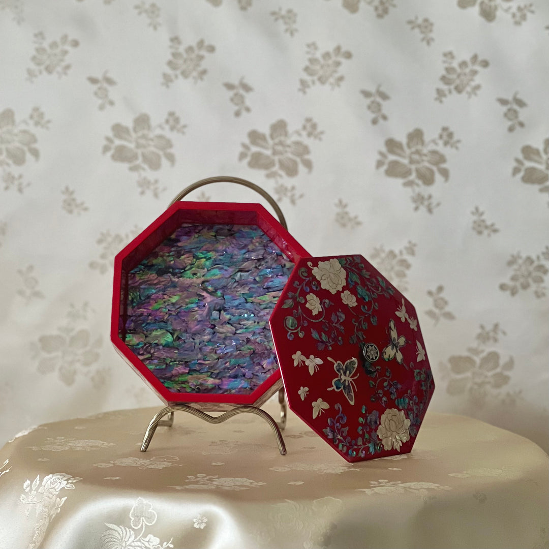 Mother of Pearl Octagon Red Jewelry Box with Peony and Butterfly Pattern