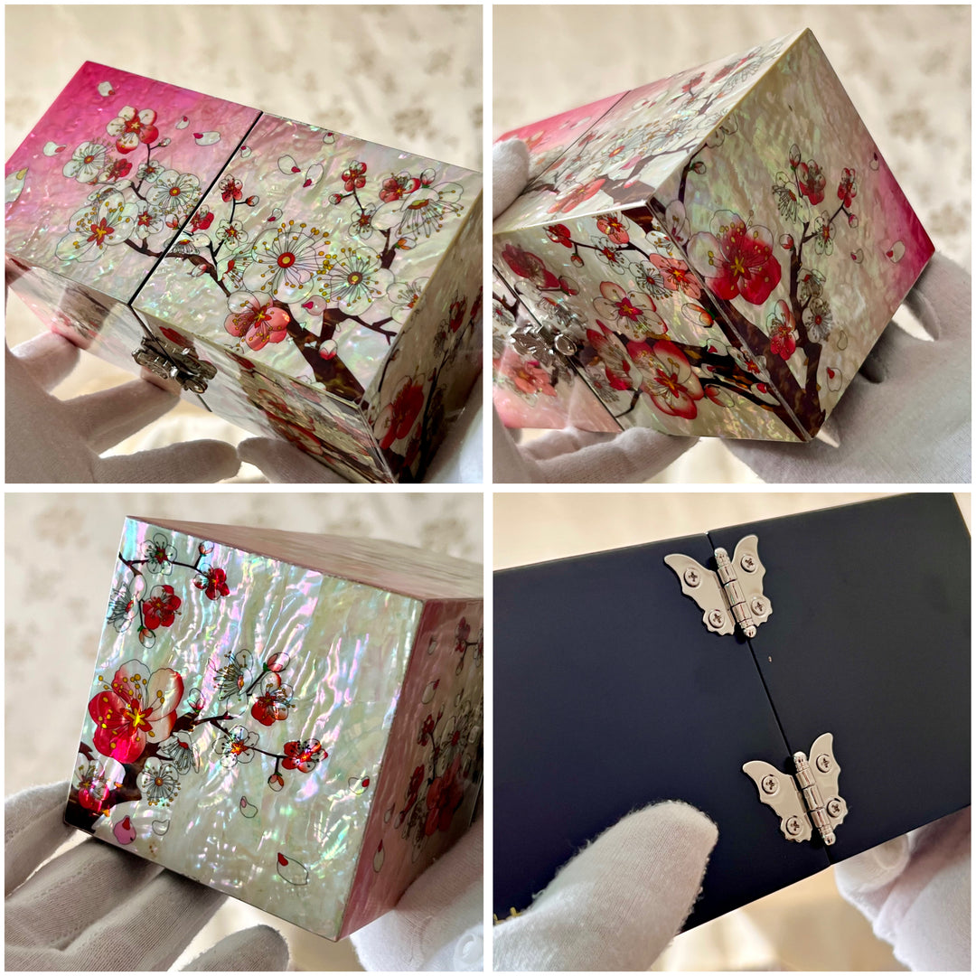 手作りのマザーオブパールジュエリーボックス：梅の花のデザイン