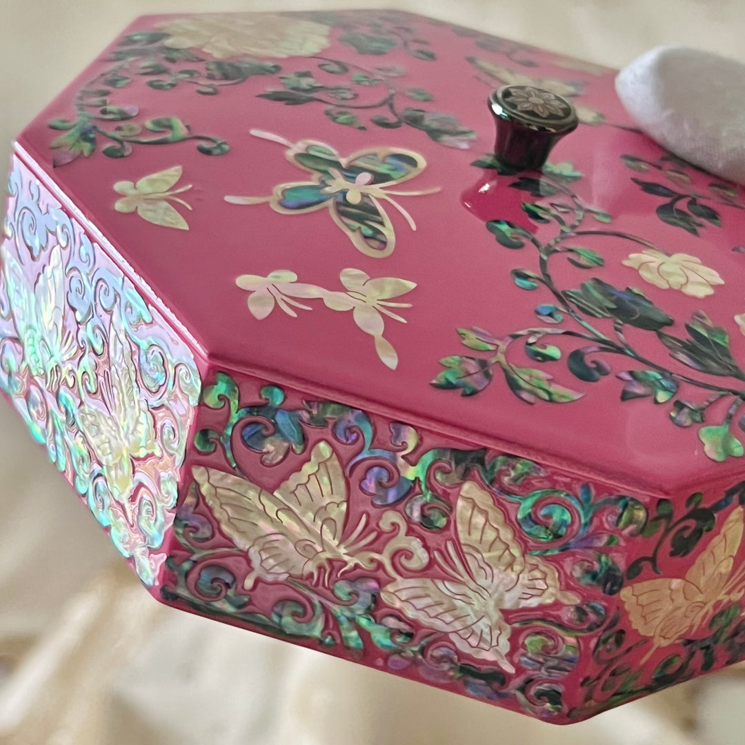 Mother of Pearl Octagon Pink Jewelry Box with Peony and Butterfly Pattern