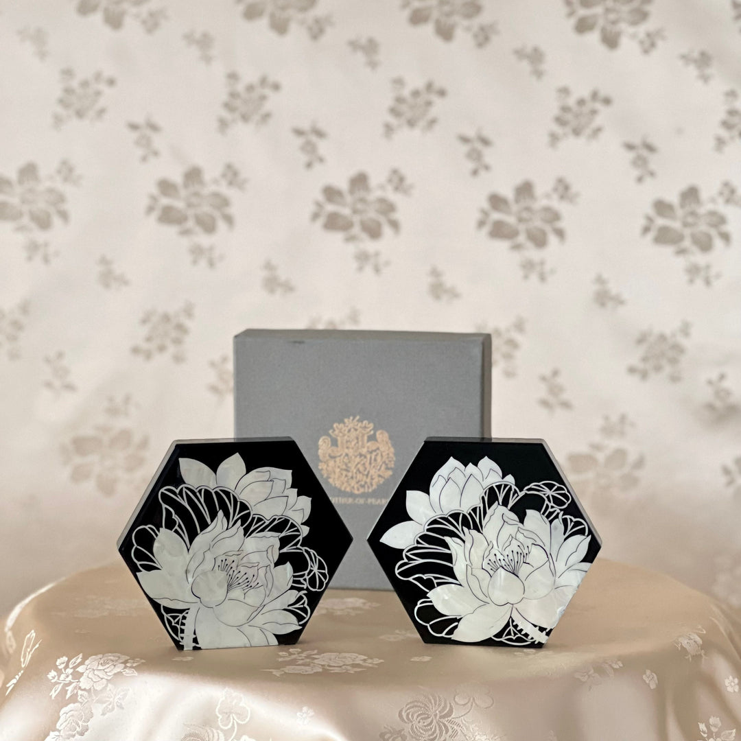 Mother Pearl Set of 2 Wooden Hexagon Cup Coasters with Lotus Pattern