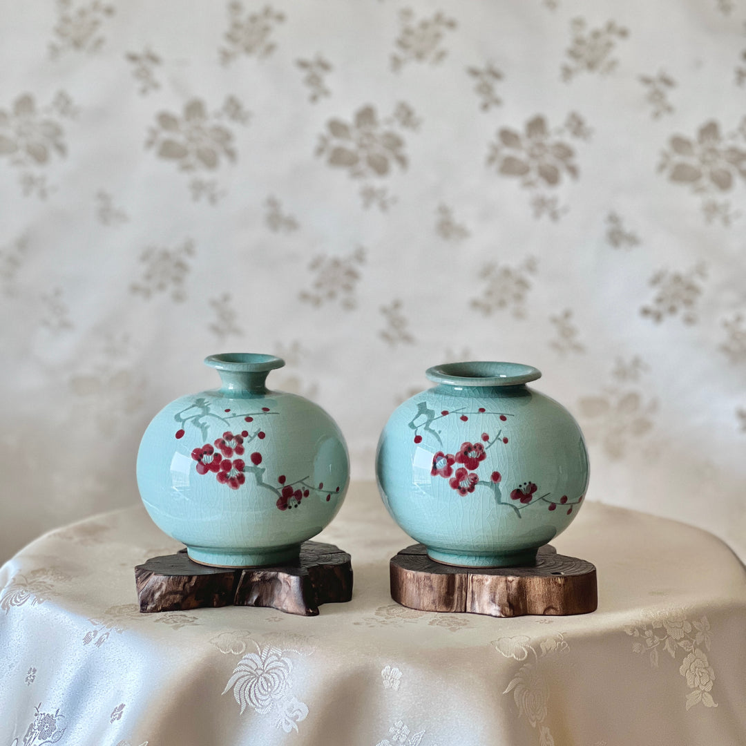 White Celadon Vase Set of Two Vases with Plum Blossom Pattern