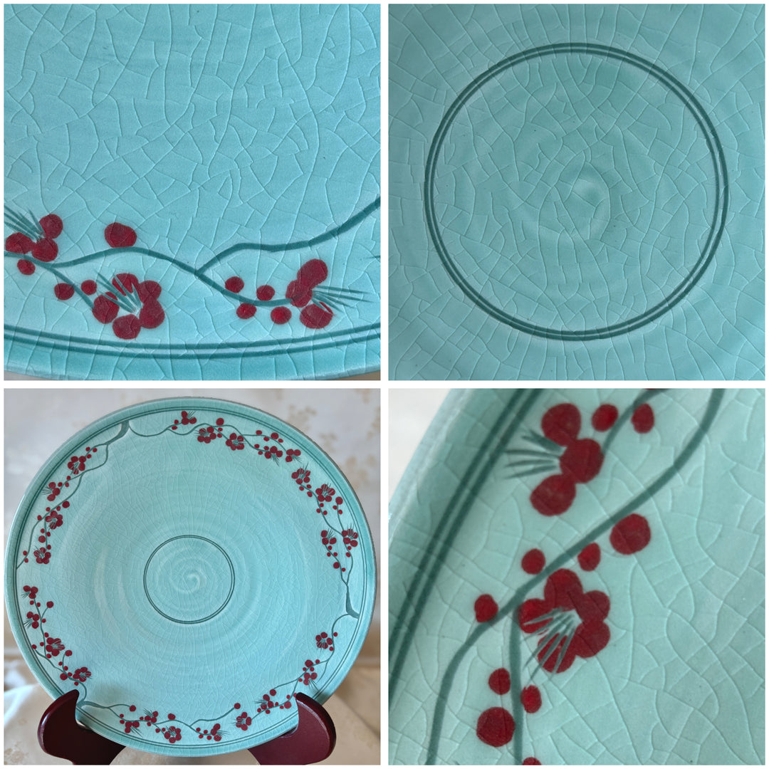 White Celadon Set of Plate and Vase with Plum Blossom Pattern