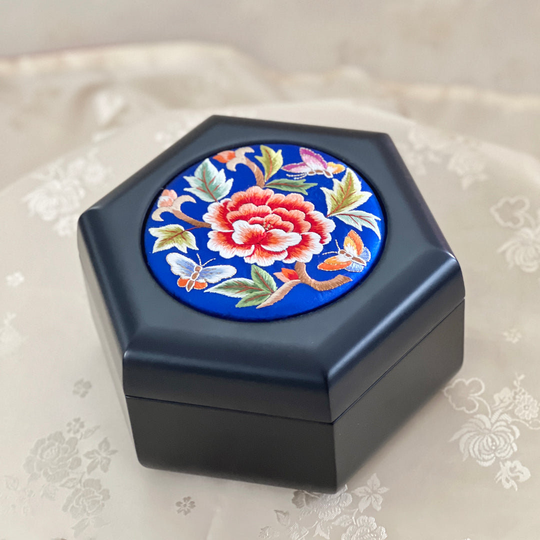 Navy Silk Embroidered Peony and Butterfly Hexagonal Storage Box