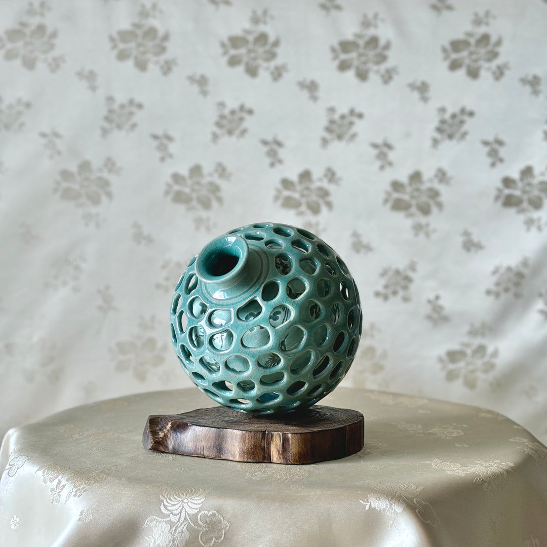 Celadon Double-Wall Openwork Vase with Intricate Carved Crane and Cloud Design