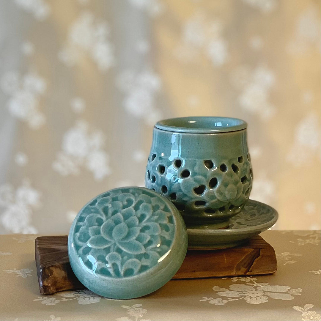 Celadon Double-Wall Openwork Tea Cup with Lotus Motif