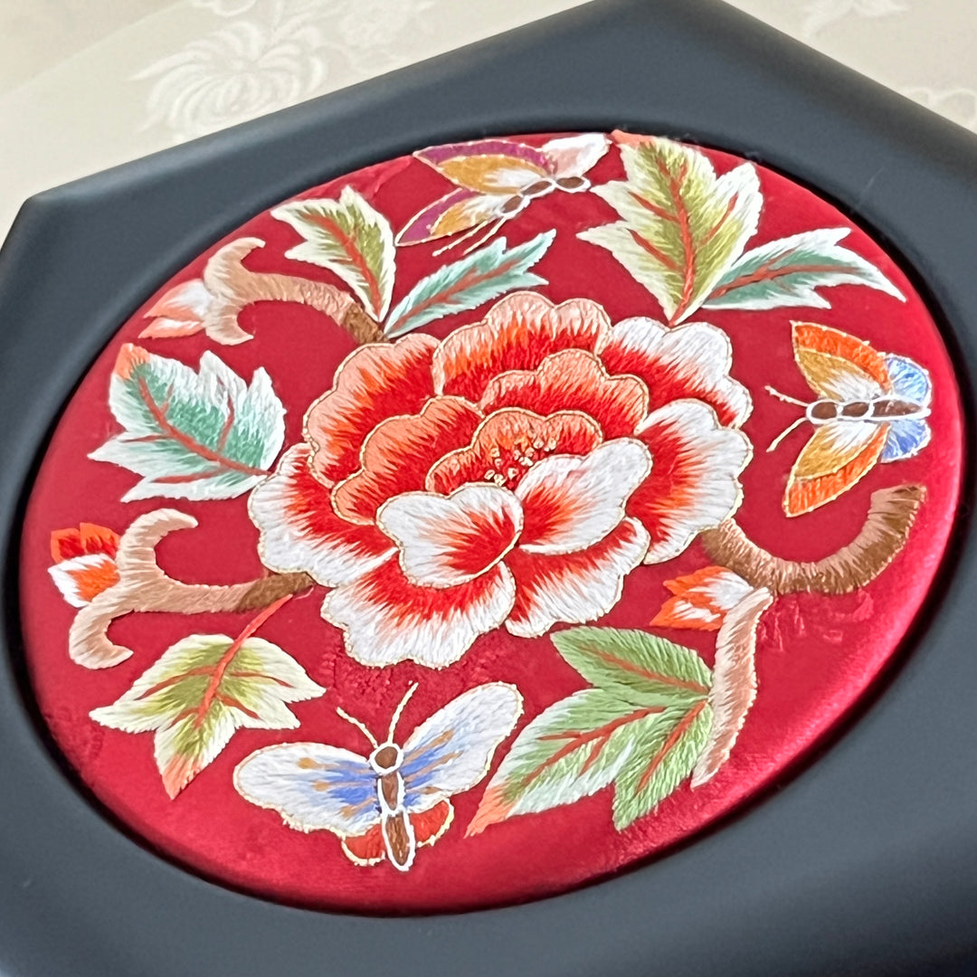 Red Silk Embroidered Peony and Butterfly Hexagonal Storage Box