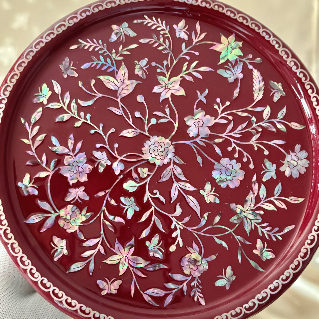 Mother of Pearl Table in Wine Color Featuring Peony and Butterfly Motif