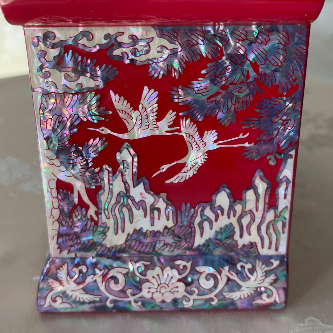 Mother of Pearl Red Jewelry Box with Pine and Crane Design