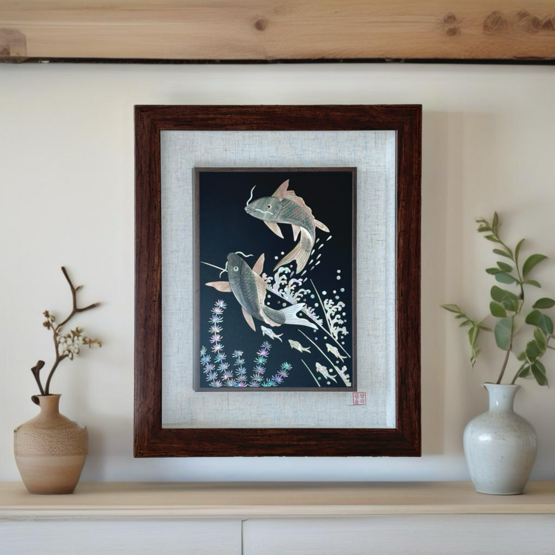 Mother of Pearl Artwork Frame with Carp Design in Original Shell