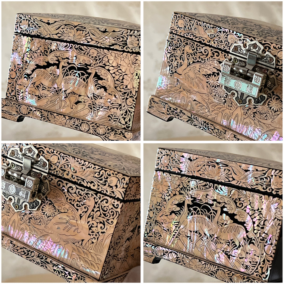 Mother of Pearl Beige Jewelry Box with Crane, Butterfly and Vine Pattern