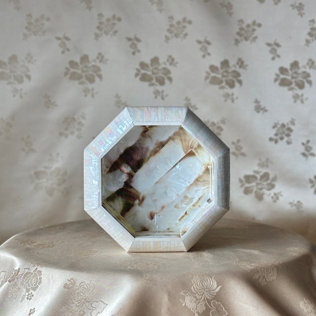 White Mother of Pearl Octagon Jewelry Box with Mosaic Design