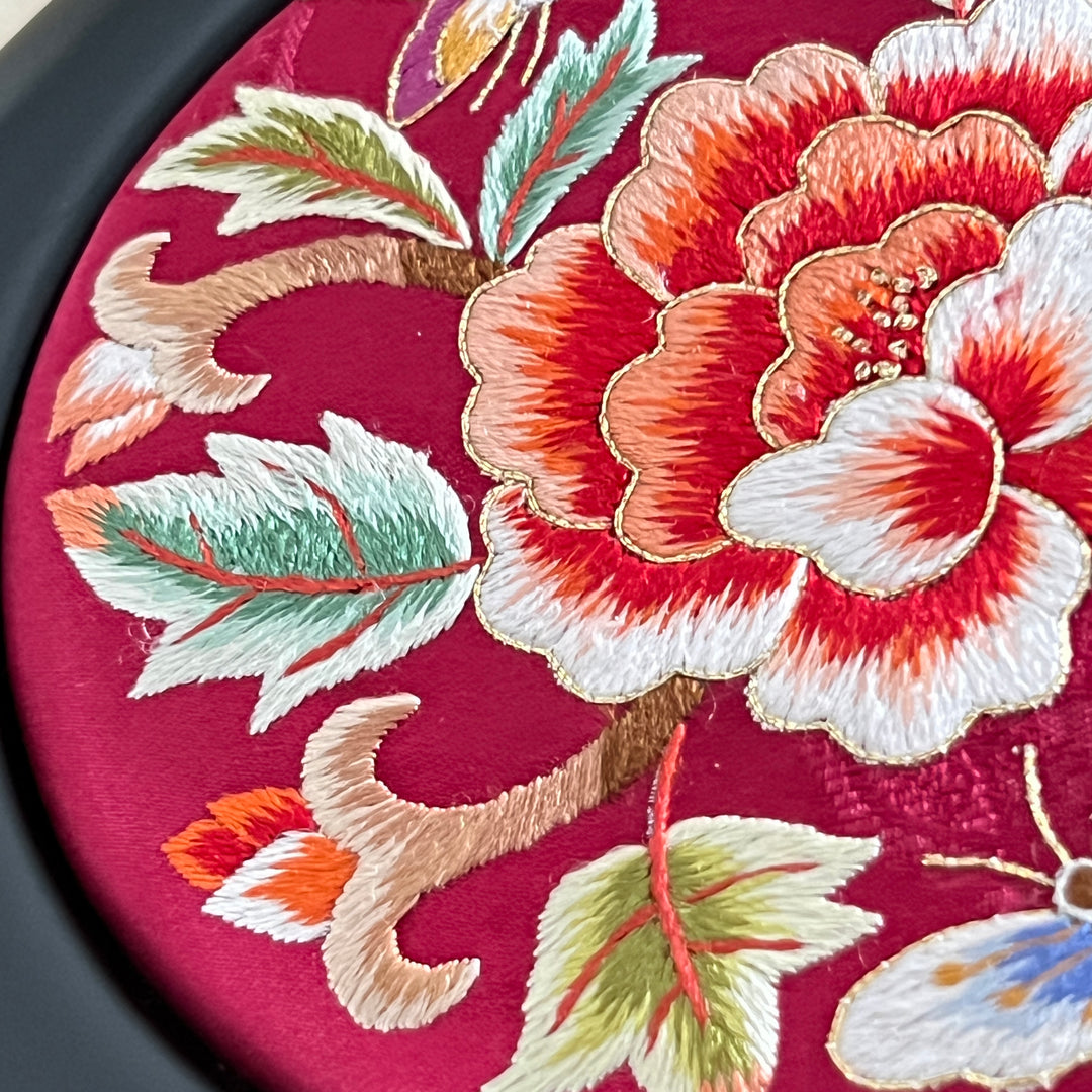 Red Silk Embroidered Peony and Butterfly Hexagonal Storage Box