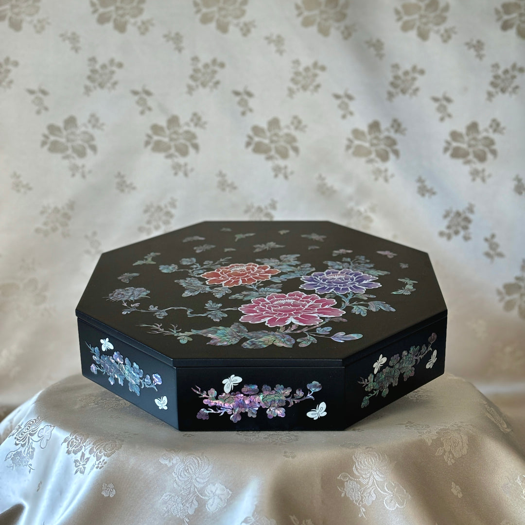 Mother of Pearl Handmade Octagonal Box with Peony and Butterfly Motif