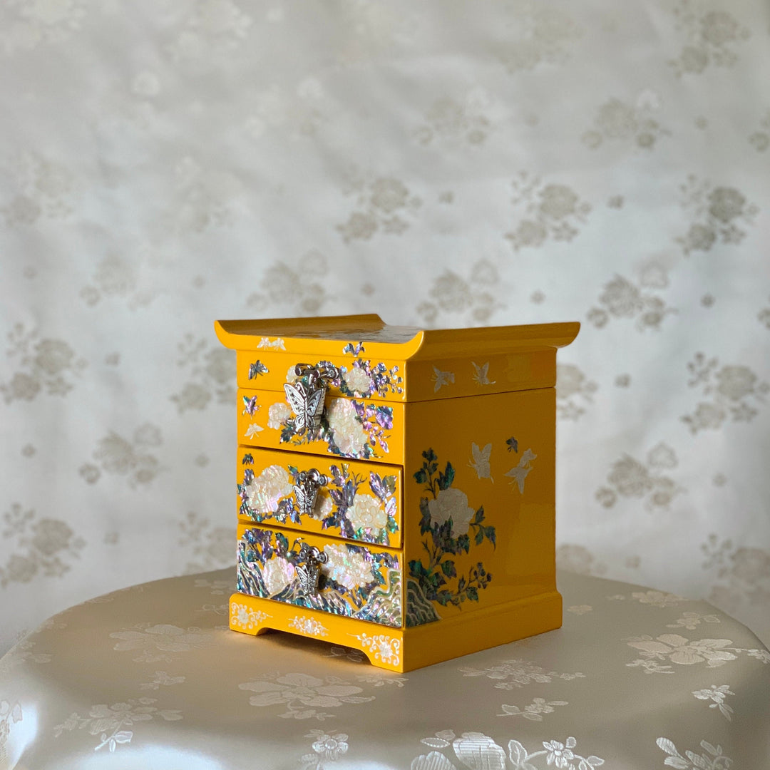 Mother of Pearl Square Yellow Jewelry Box with Butterfly and Peony Pattern (자개 호접 목단문 선비 설합 보석함)