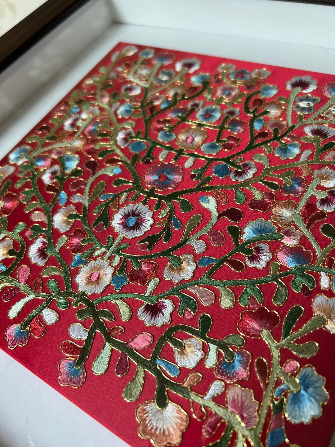 Embroidery with Vine Pattern on Red Silk in Wooden Frame