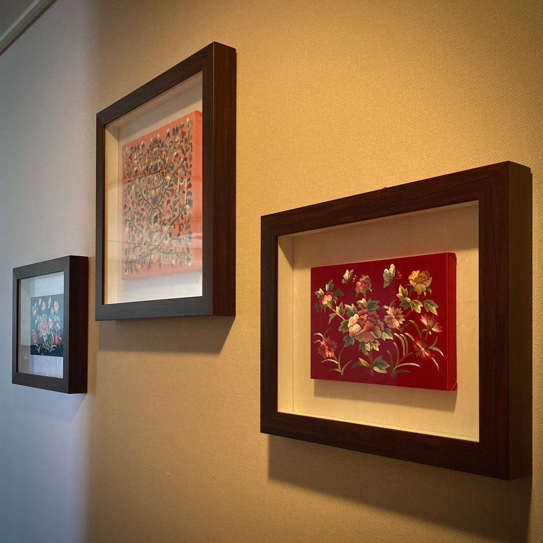 Embroidery with Peony Pattern on Wine Silk in Wooden Rectangle Frame (손자수 호접 목단문 액자)