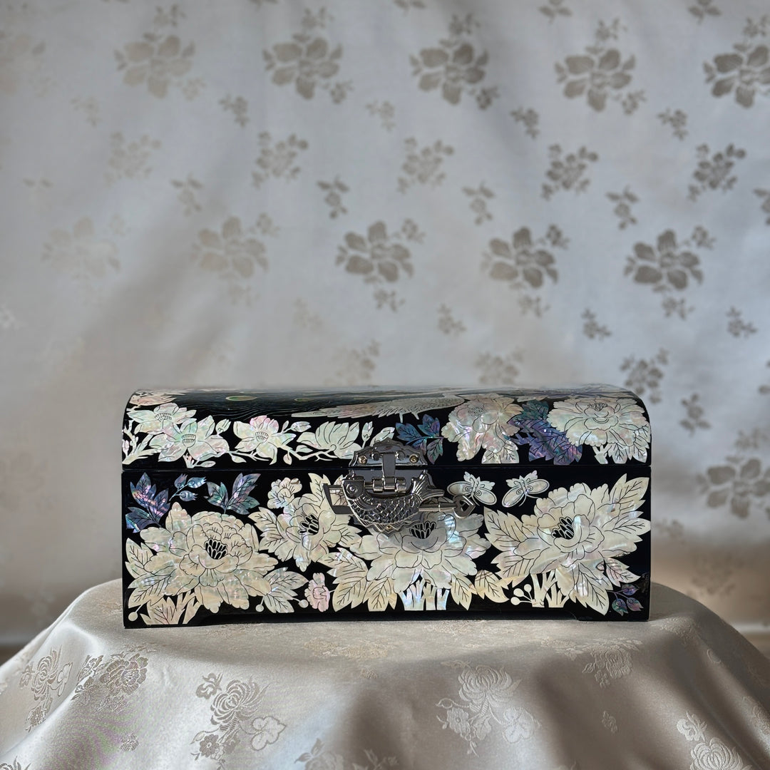 Mother of Pearl Jewelry Box with Peacock and Peony Motif