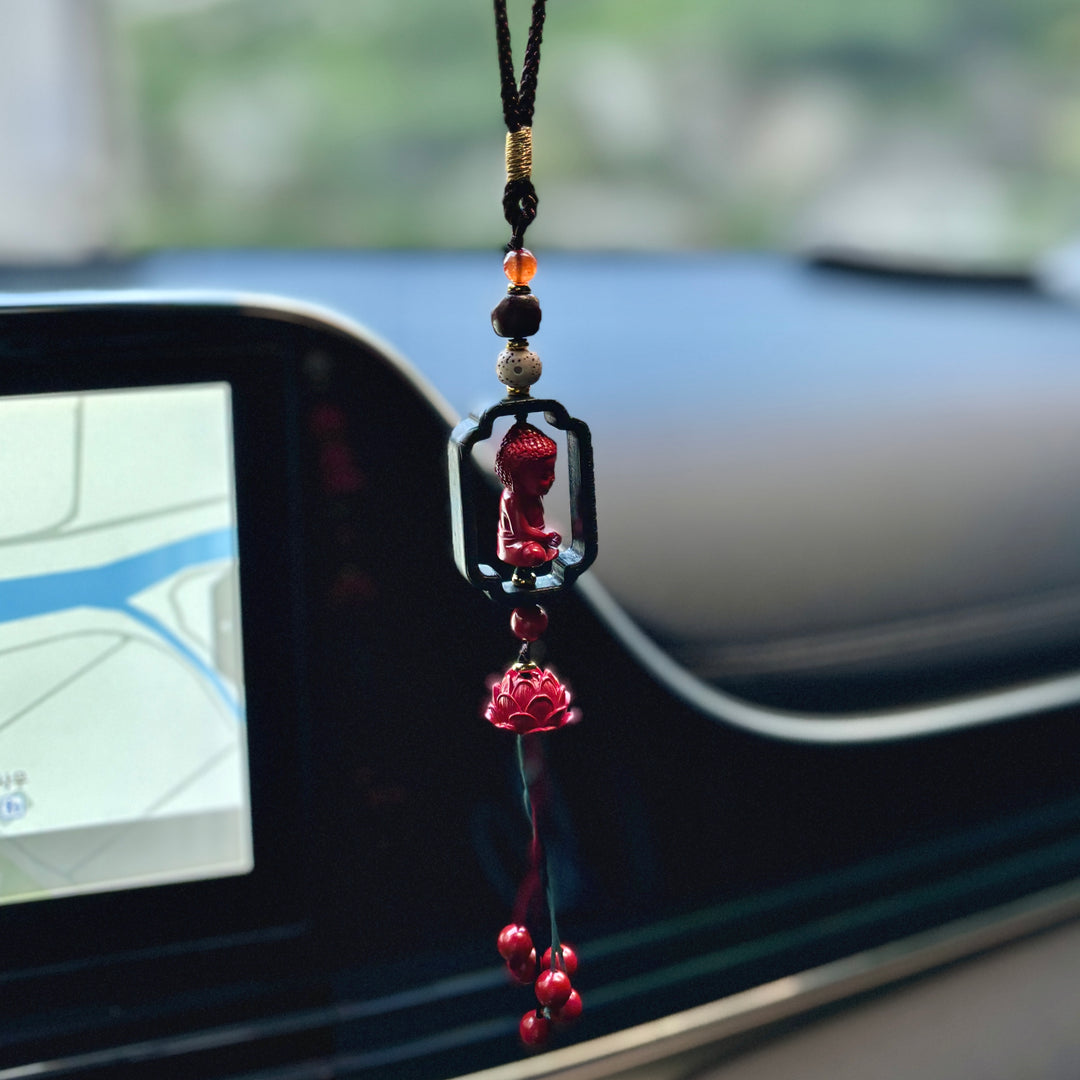 Buddhist Car Hanging Amulet with Lotus and Buddha in Cinnabar