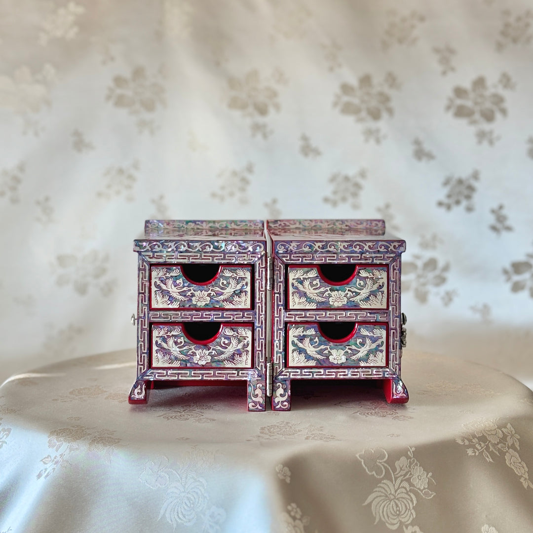 Mother of Pearl Red Jewelry Box with Pine and Crane Design