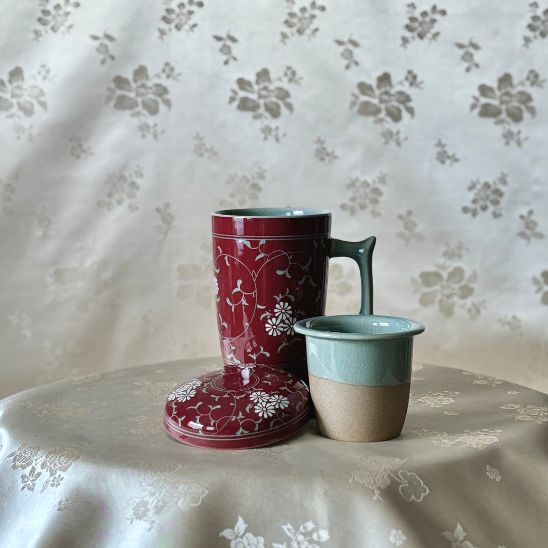 Red Celadon Mug Set: Two Long Tea Cups with Inlaid Chrysanthemum and Vine Motif