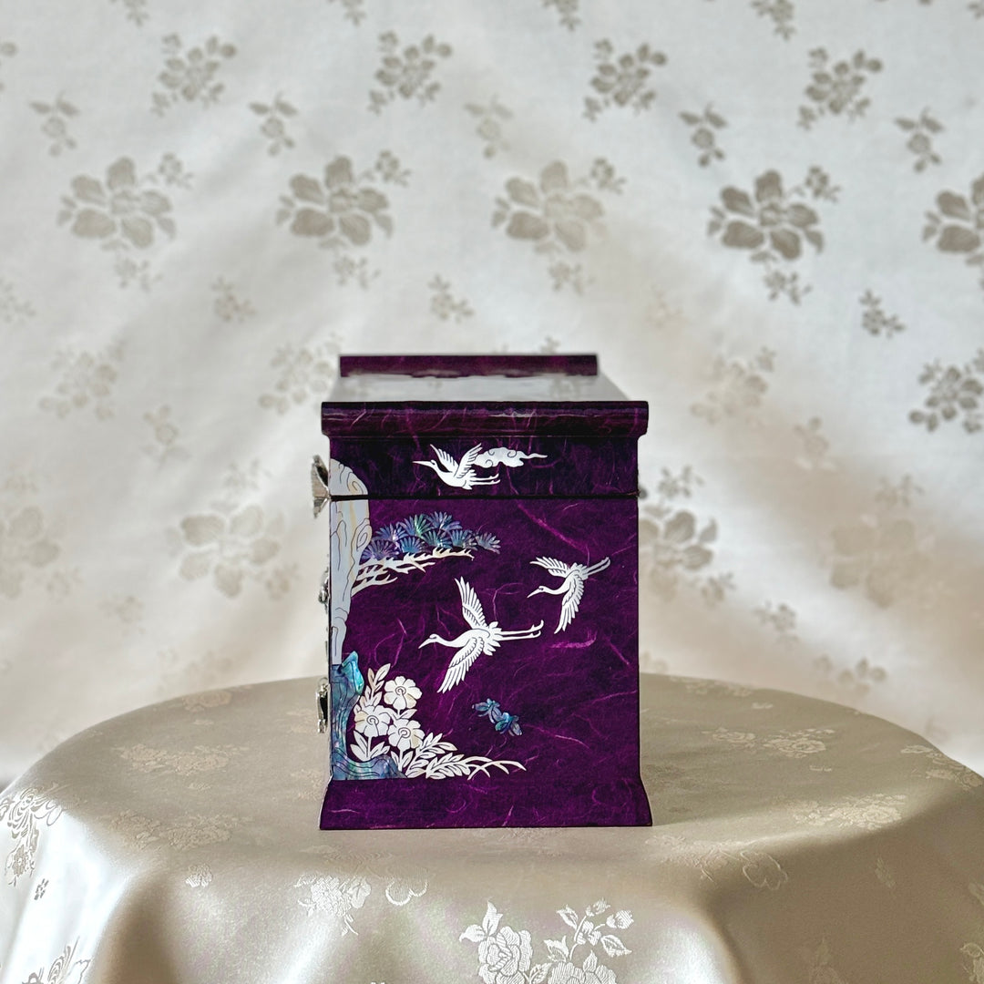 Mother of Pearl Purple Hanji Layered Jewelry Box with Crane and Pine Tree Pattern