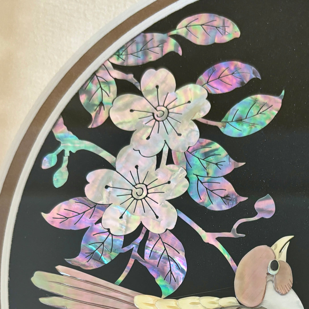 Mother of Pearl Artwork in Square Frame with Plum Blossom and Bird Design in Original Shell