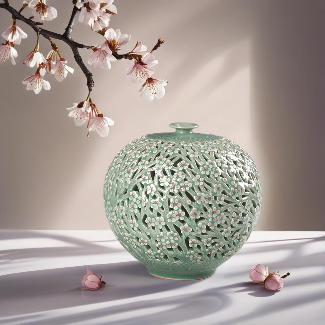 Celadon Double-Wall Openwork Vase with Plum Blossom Pattern