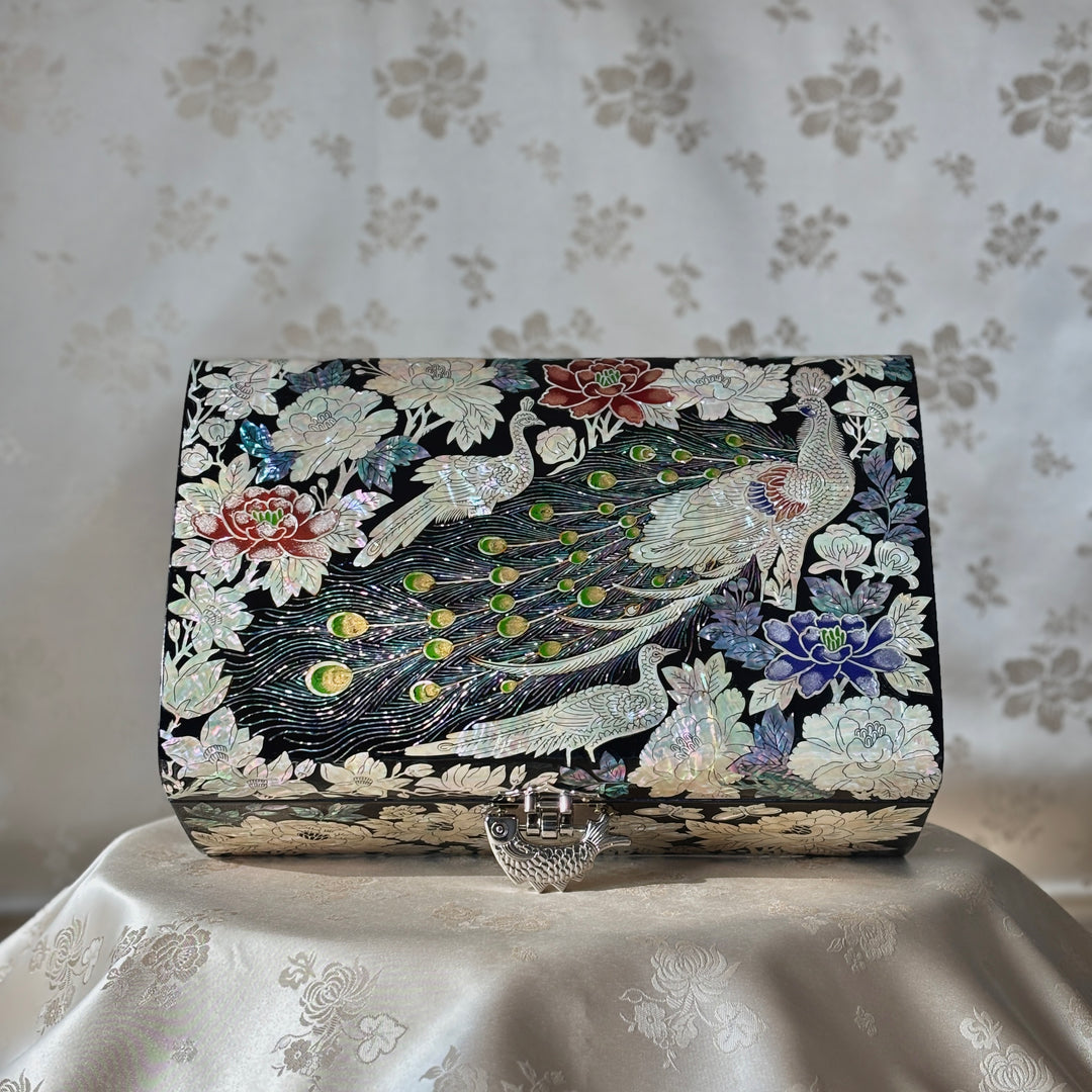 Mother of Pearl Jewelry Box with Peacock and Peony Motif